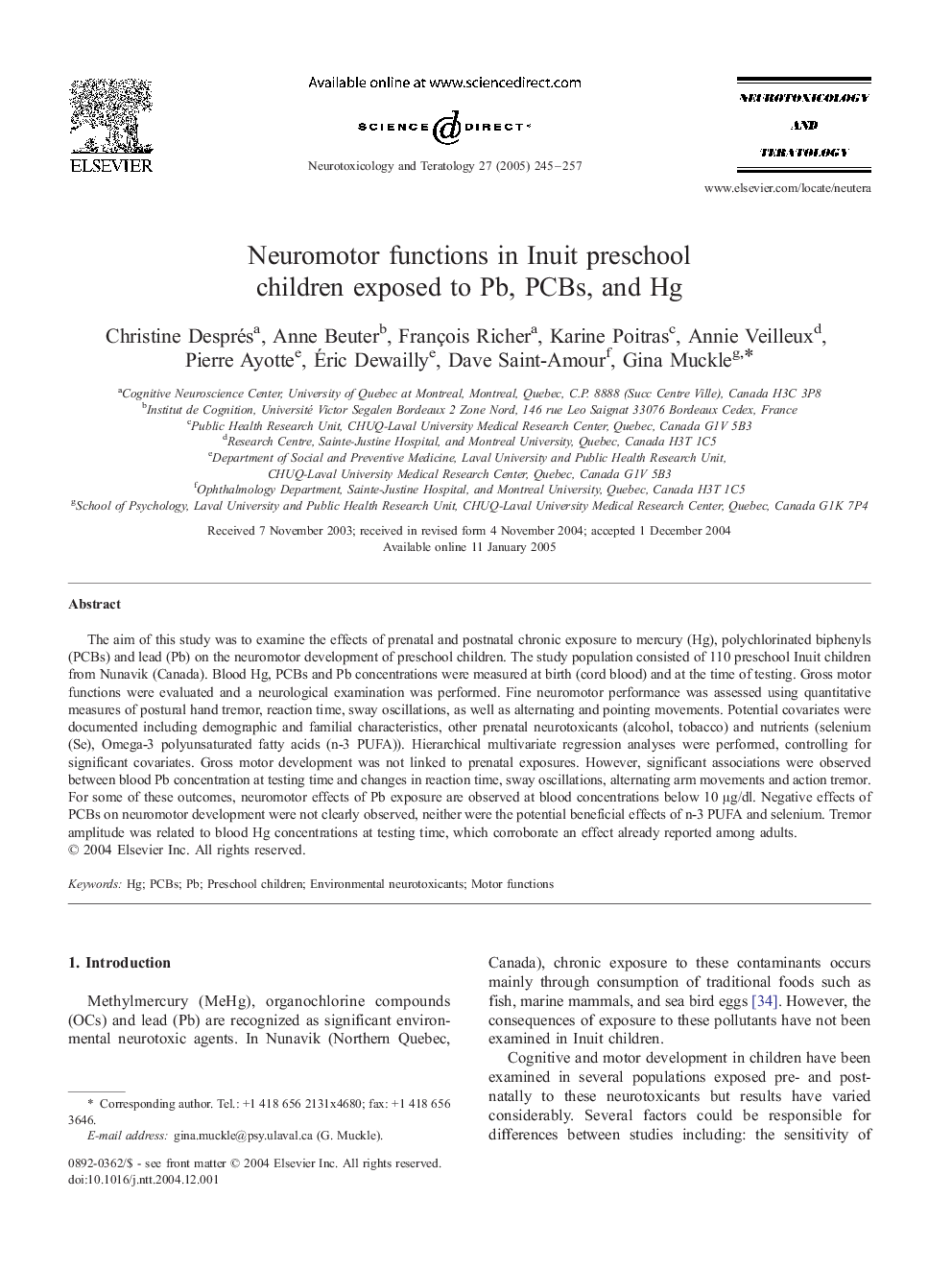 Neuromotor functions in Inuit preschool children exposed to Pb, PCBs, and Hg