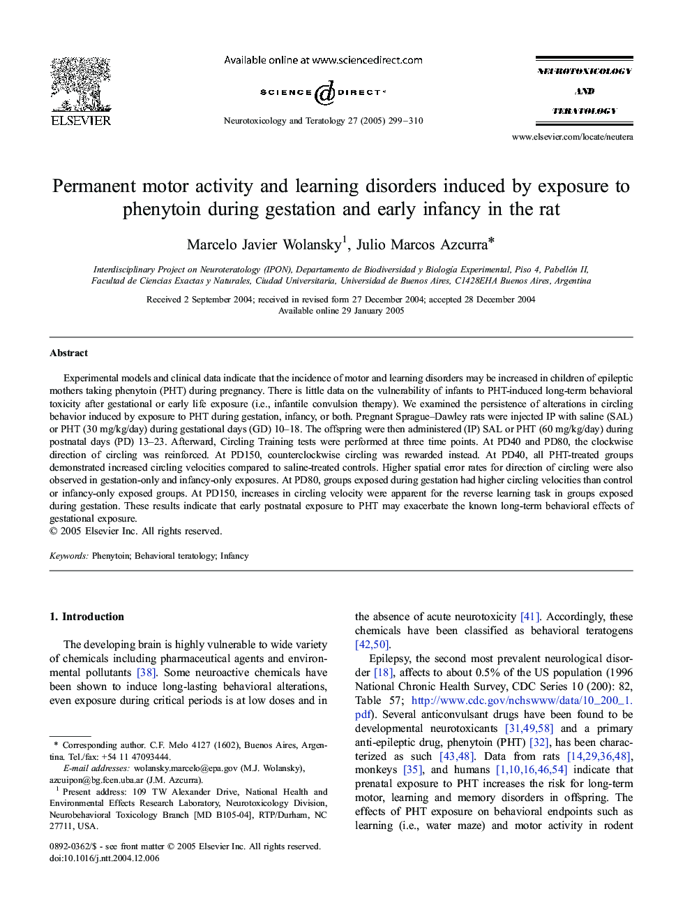 Permanent motor activity and learning disorders induced by exposure to phenytoin during gestation and early infancy in the rat