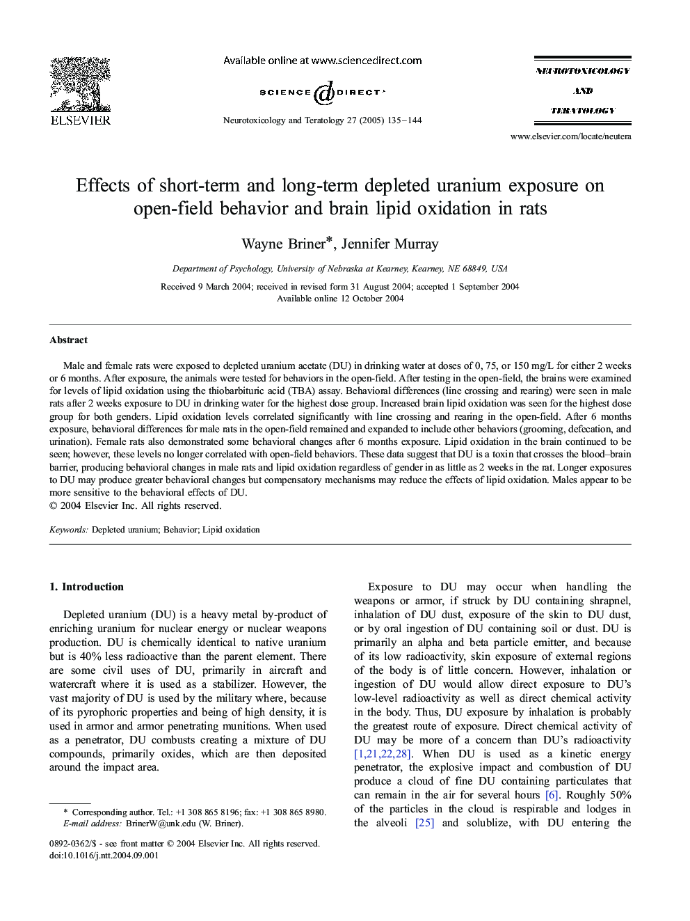 Effects of short-term and long-term depleted uranium exposure on open-field behavior and brain lipid oxidation in rats