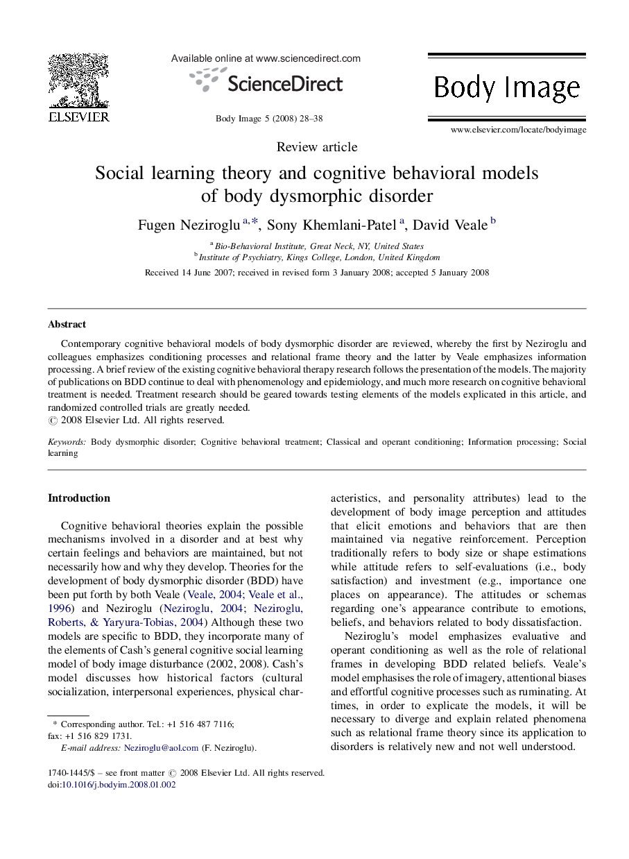 Social learning theory and cognitive behavioral models of body dysmorphic disorder