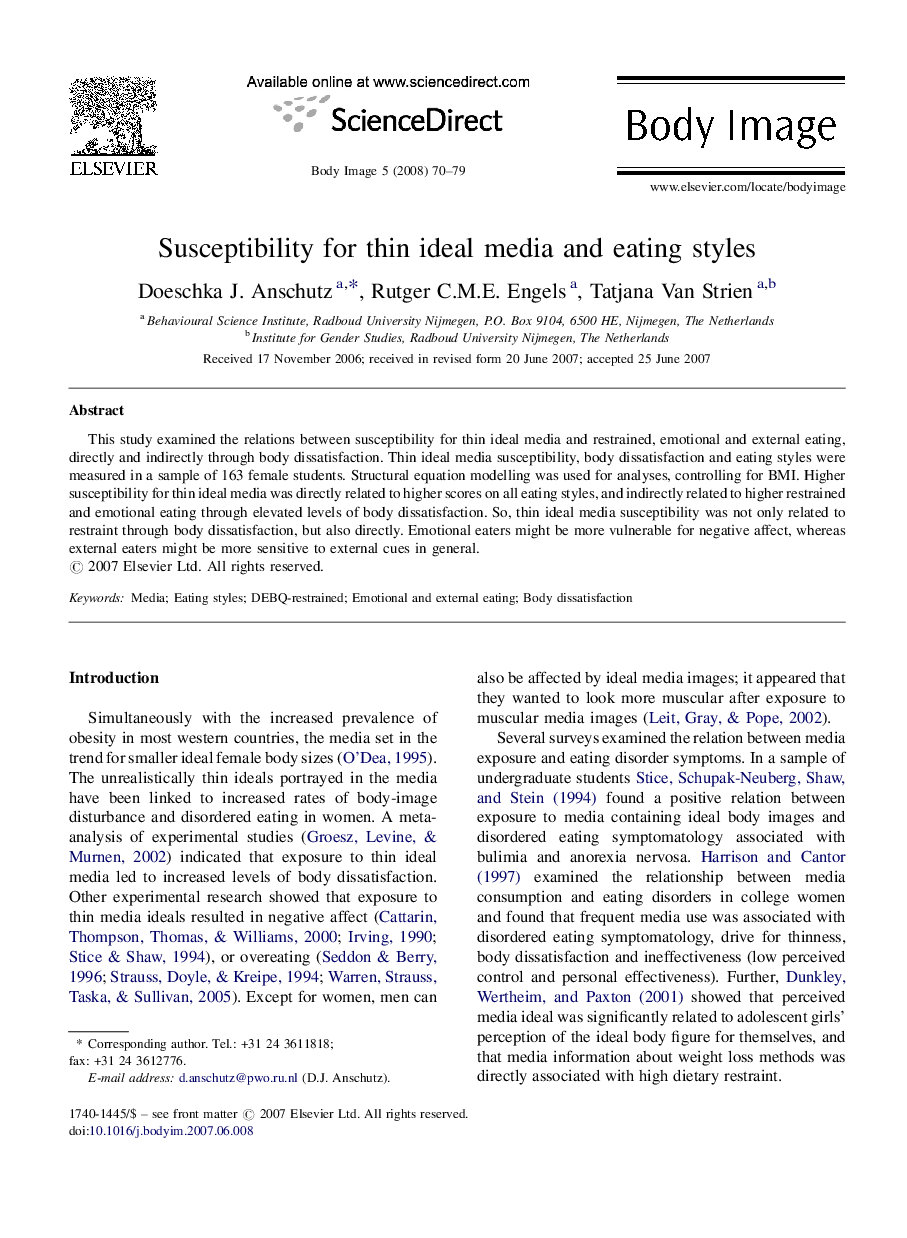 Susceptibility for thin ideal media and eating styles