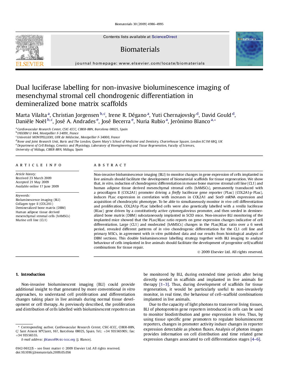 Dual luciferase labelling for non-invasive bioluminescence imaging of mesenchymal stromal cell chondrogenic differentiation in demineralized bone matrix scaffolds