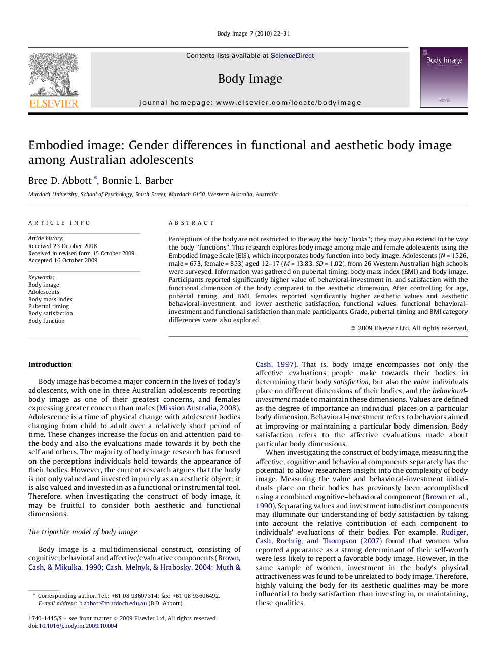 Embodied image: Gender differences in functional and aesthetic body image among Australian adolescents