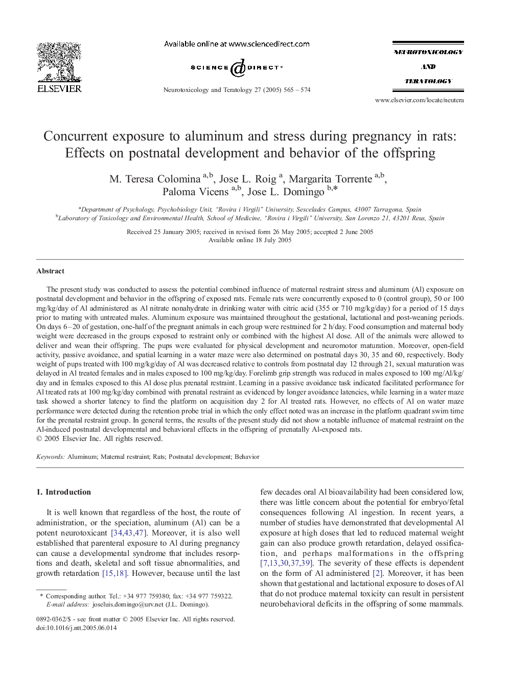 Concurrent exposure to aluminum and stress during pregnancy in rats: Effects on postnatal development and behavior of the offspring