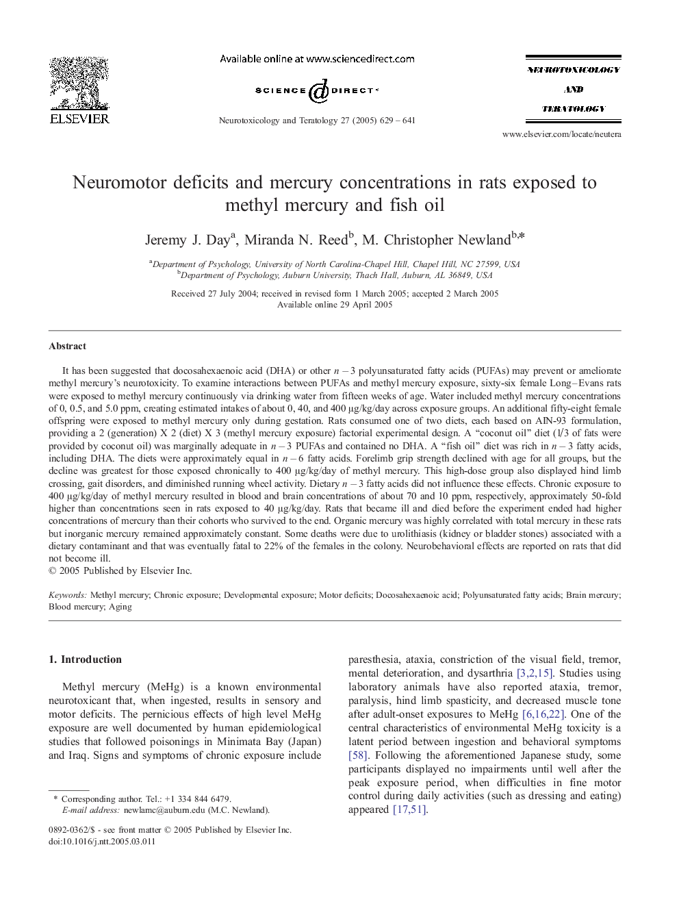 Neuromotor deficits and mercury concentrations in rats exposed to methyl mercury and fish oil