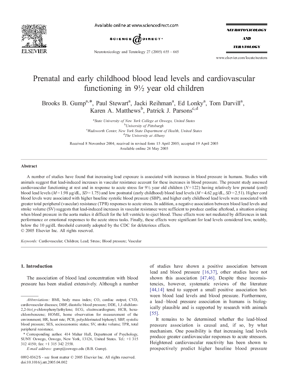 Prenatal and early childhood blood lead levels and cardiovascular functioning in 9Â½ year old children