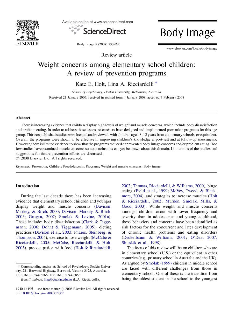 Weight concerns among elementary school children: A review of prevention programs