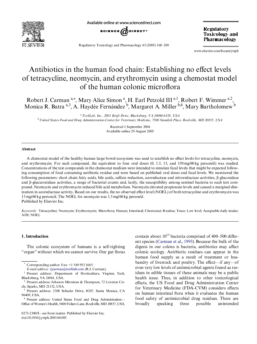 Antibiotics in the human food chain: Establishing no effect levels of tetracycline, neomycin, and erythromycin using a chemostat model of the human colonic microflora