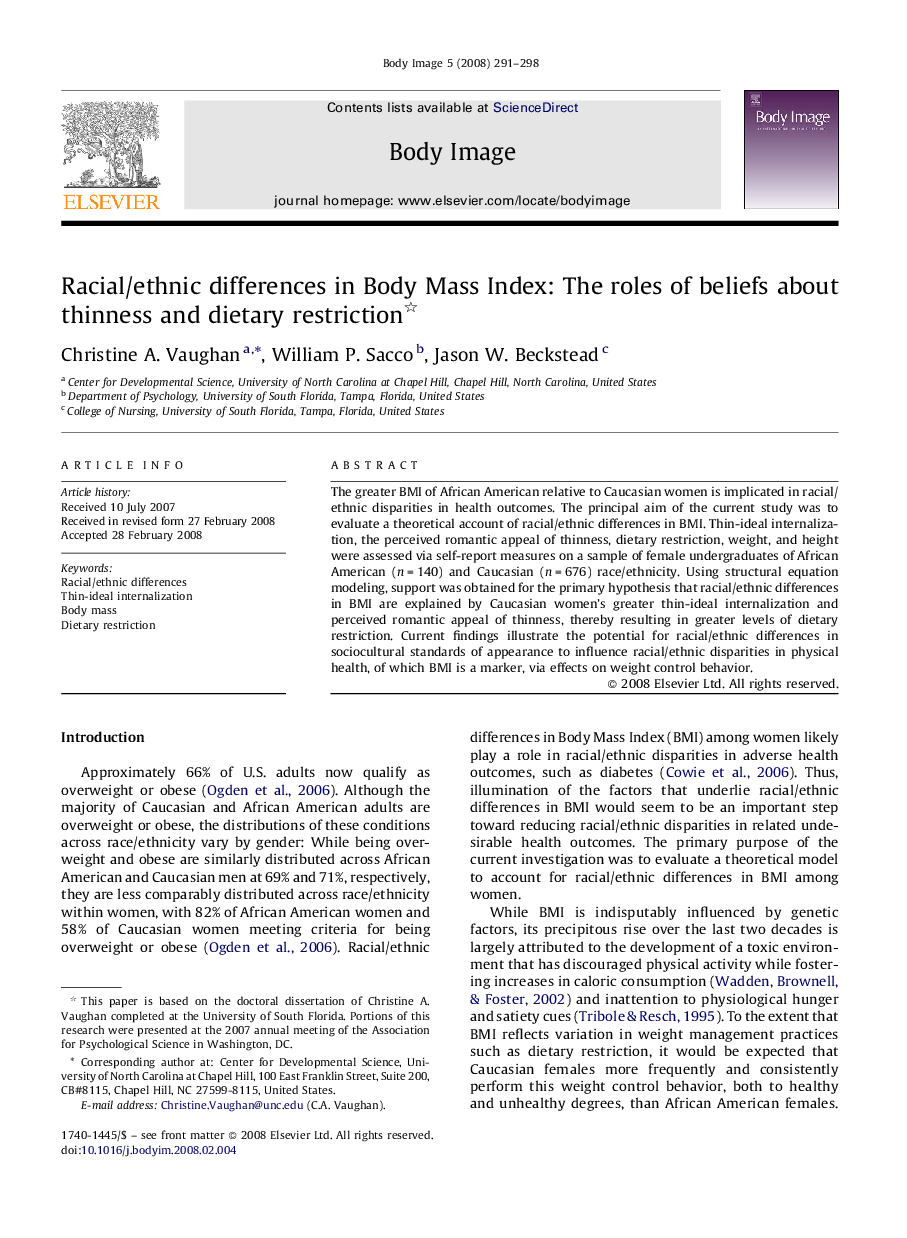 Racial/ethnic differences in Body Mass Index: The roles of beliefs about thinness and dietary restriction 