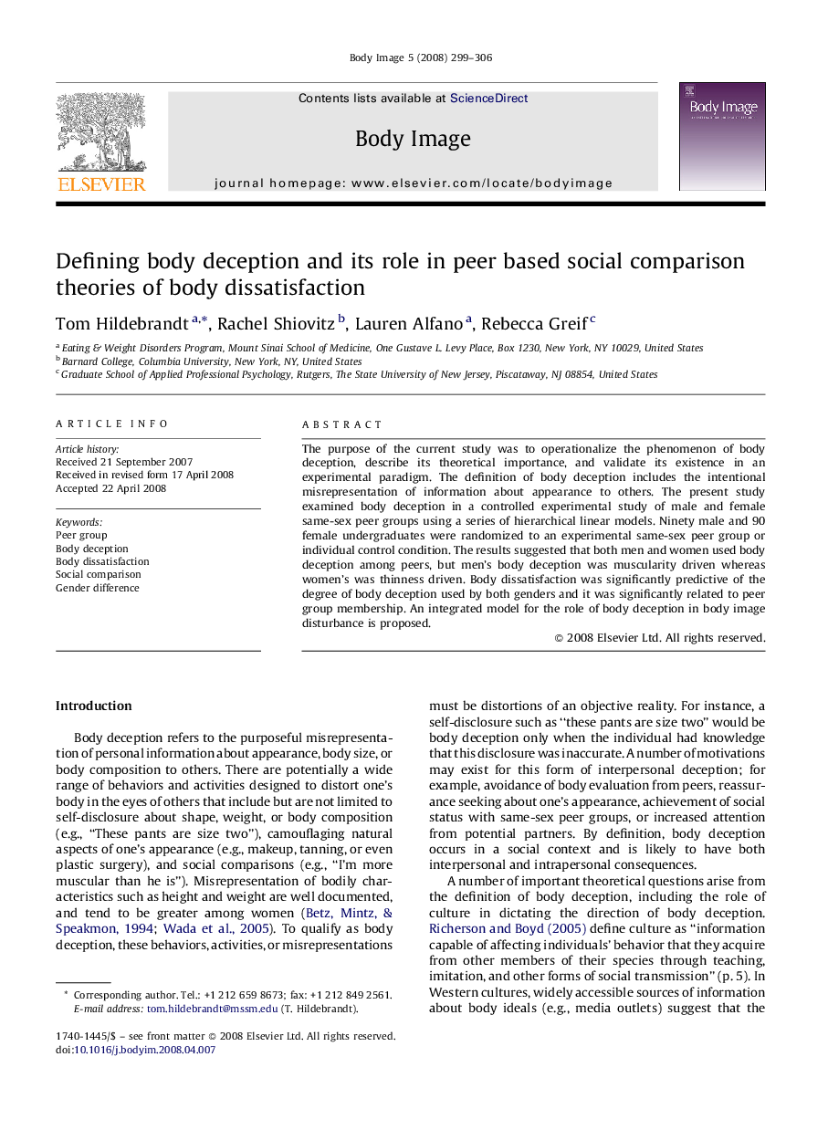 Defining body deception and its role in peer based social comparison theories of body dissatisfaction