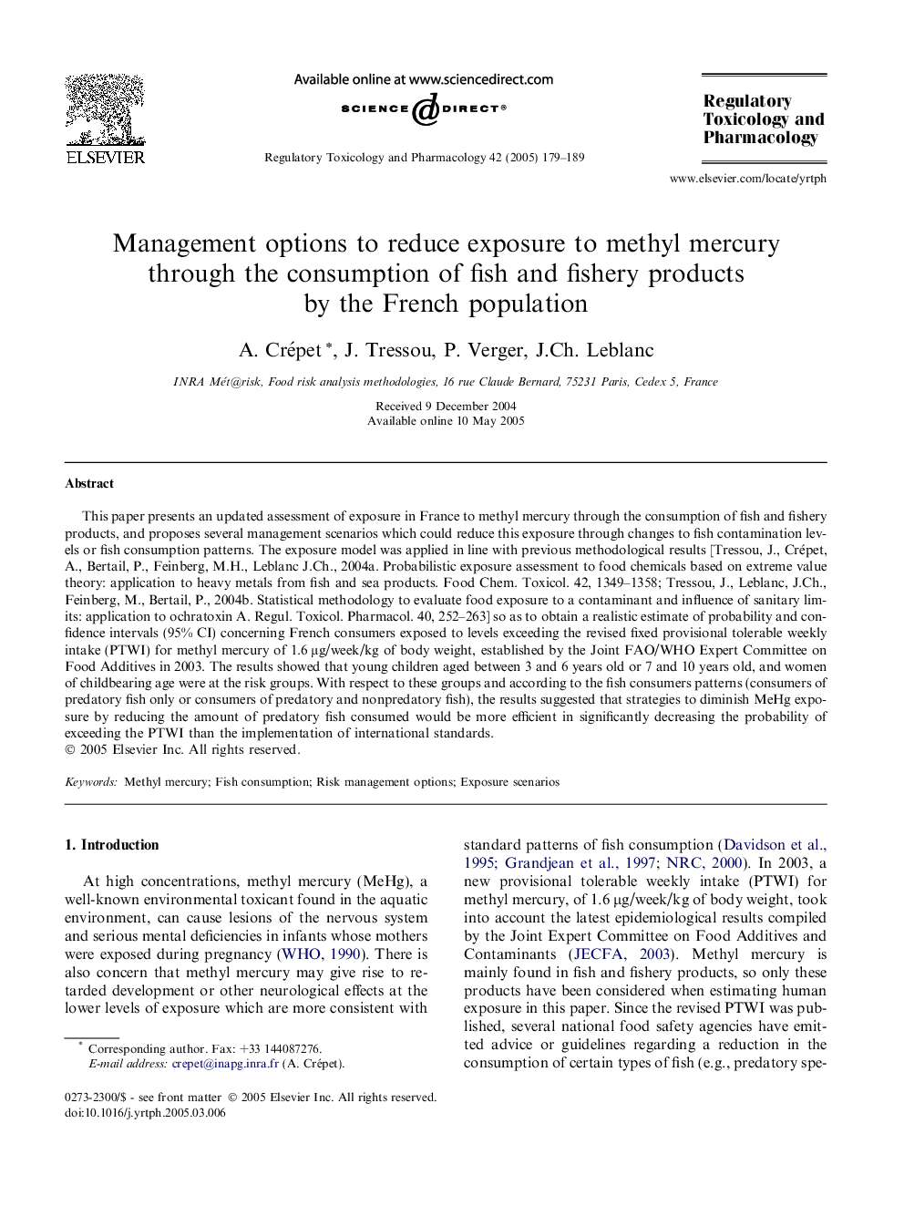 Management options to reduce exposure to methyl mercury through the consumption of fish and fishery products by the French population