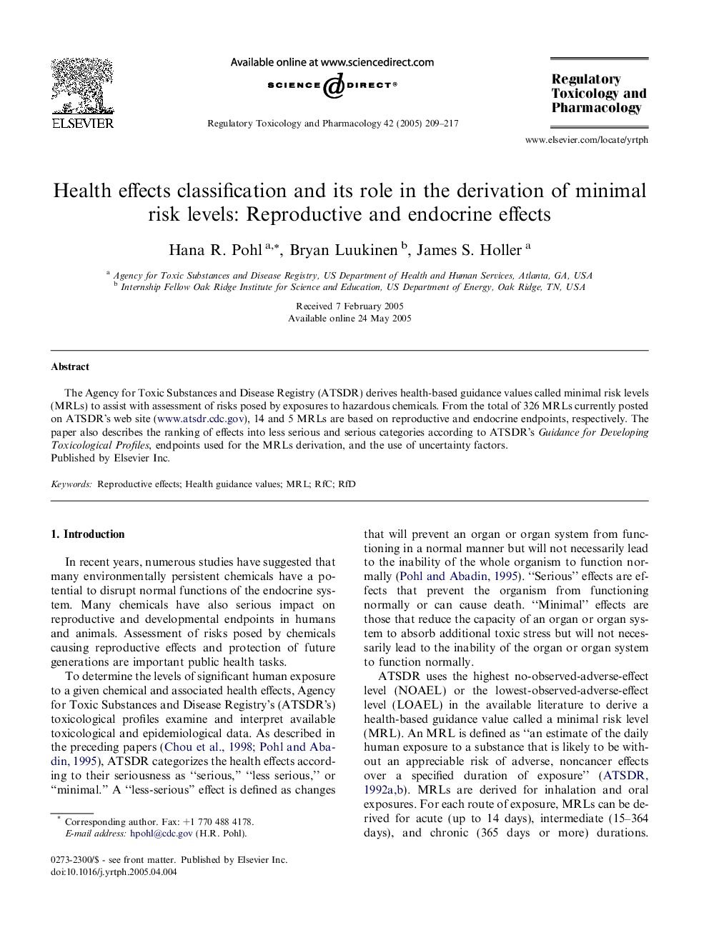 Health effects classification and its role in the derivation of minimal risk levels: Reproductive and endocrine effects