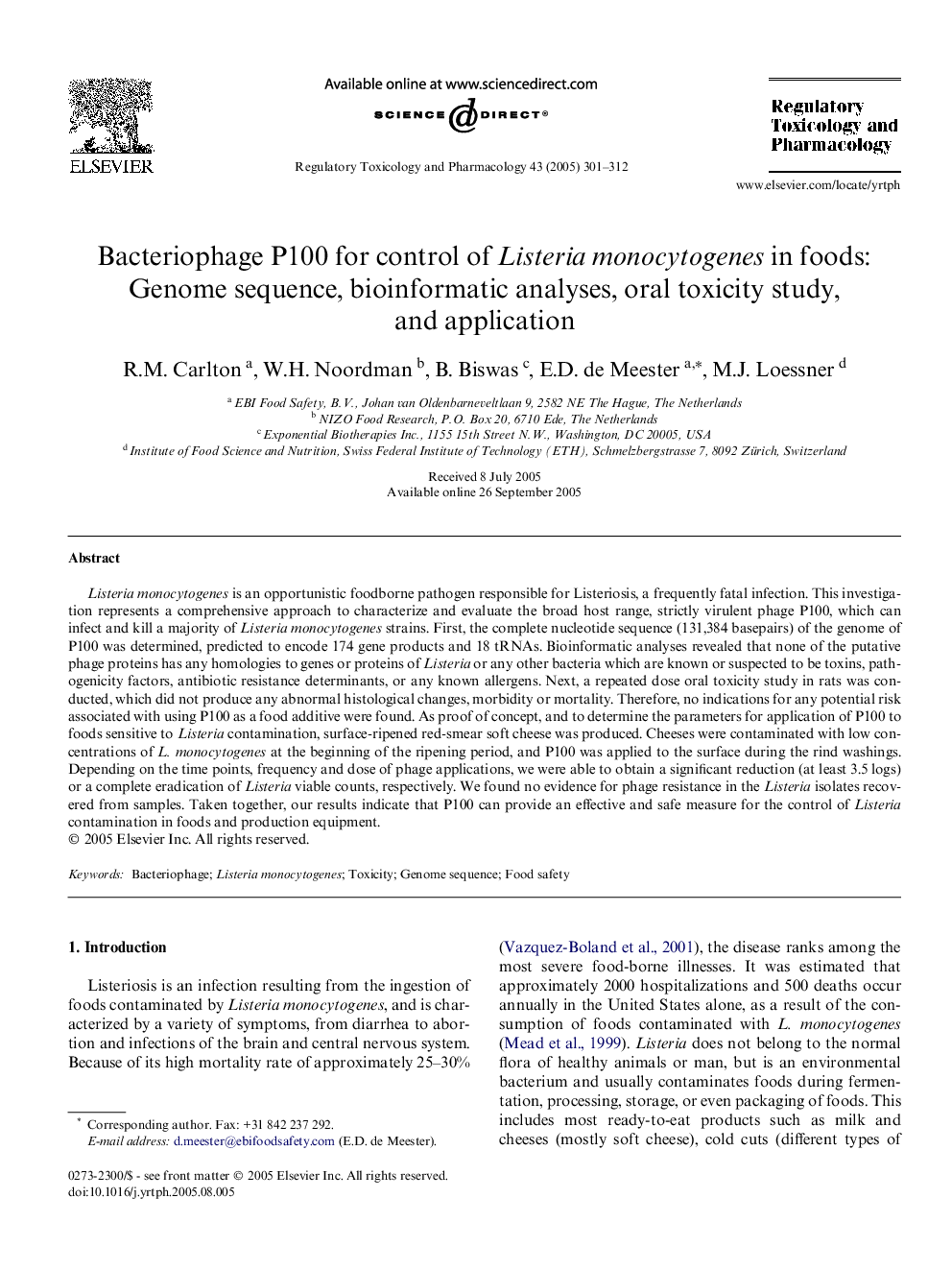 Bacteriophage P100 for control of Listeria monocytogenes in foods: Genome sequence, bioinformatic analyses, oral toxicity study, and application