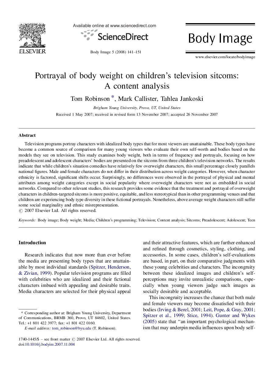 Portrayal of body weight on children's television sitcoms: A content analysis