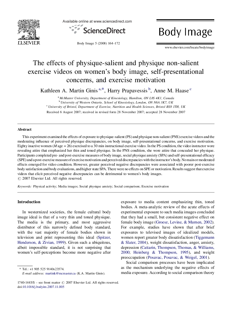 The effects of physique-salient and physique non-salient exercise videos on women's body image, self-presentational concerns, and exercise motivation