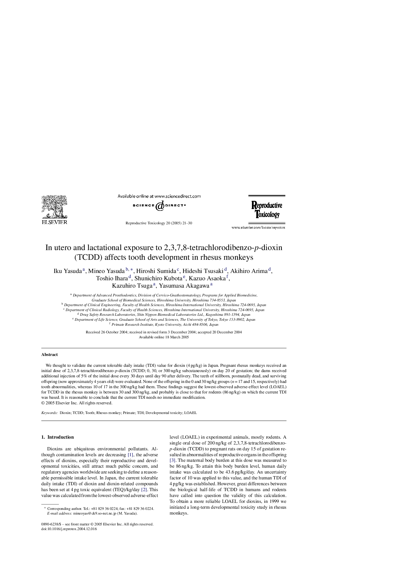 In utero and lactational exposure to 2,3,7,8-tetrachlorodibenzo-p-dioxin (TCDD) affects tooth development in rhesus monkeys