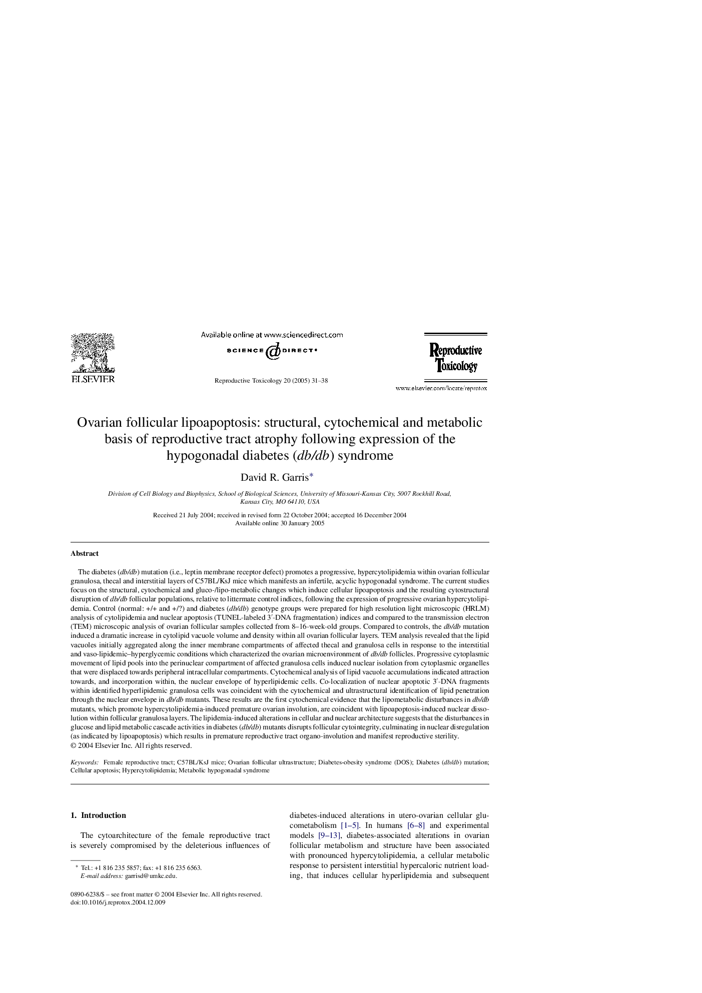 Ovarian follicular lipoapoptosis: structural, cytochemical and metabolic basis of reproductive tract atrophy following expression of the hypogonadal diabetes (db/db) syndrome