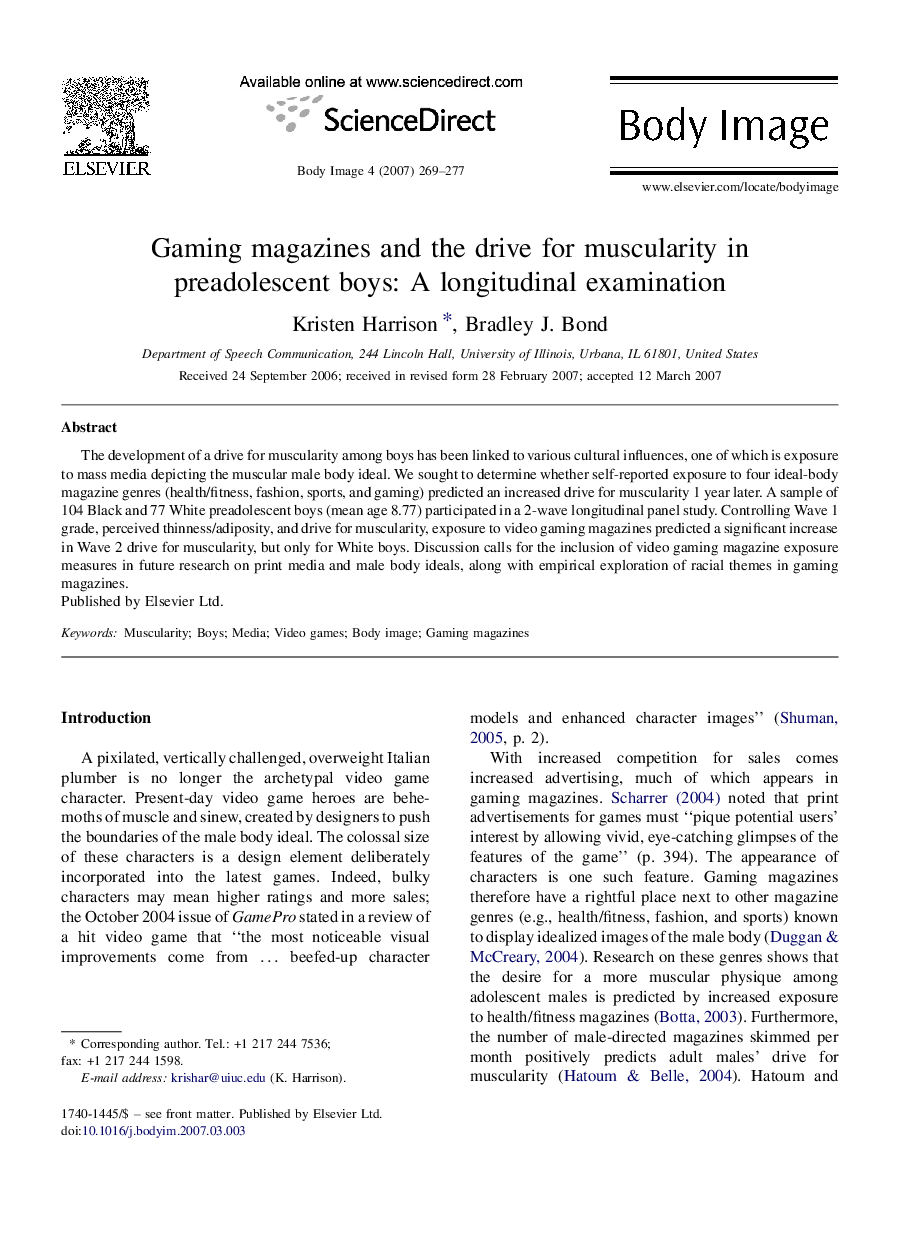 Gaming magazines and the drive for muscularity in preadolescent boys: A longitudinal examination