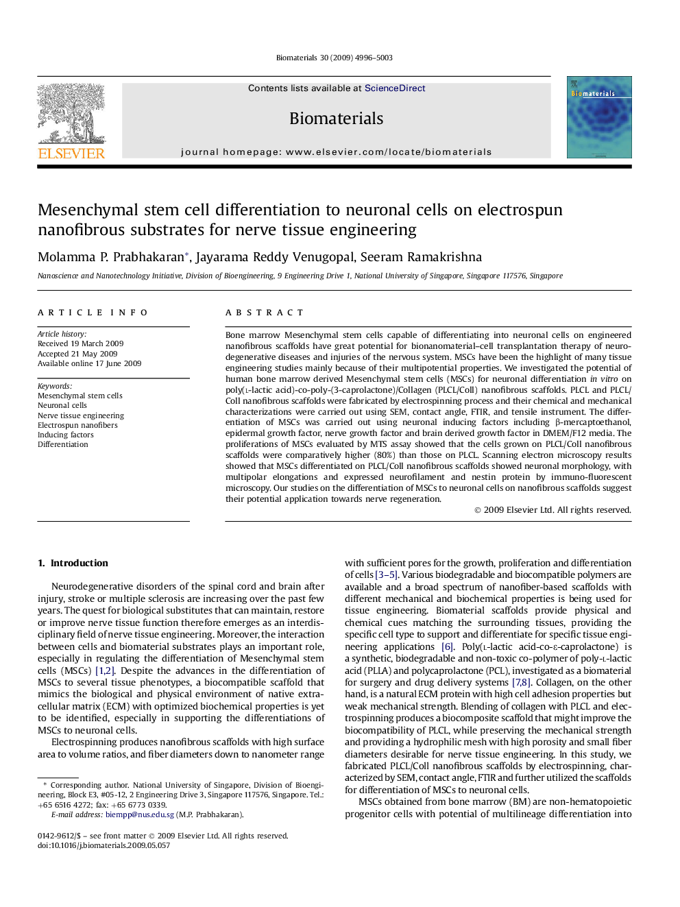 Mesenchymal stem cell differentiation to neuronal cells on electrospun nanofibrous substrates for nerve tissue engineering