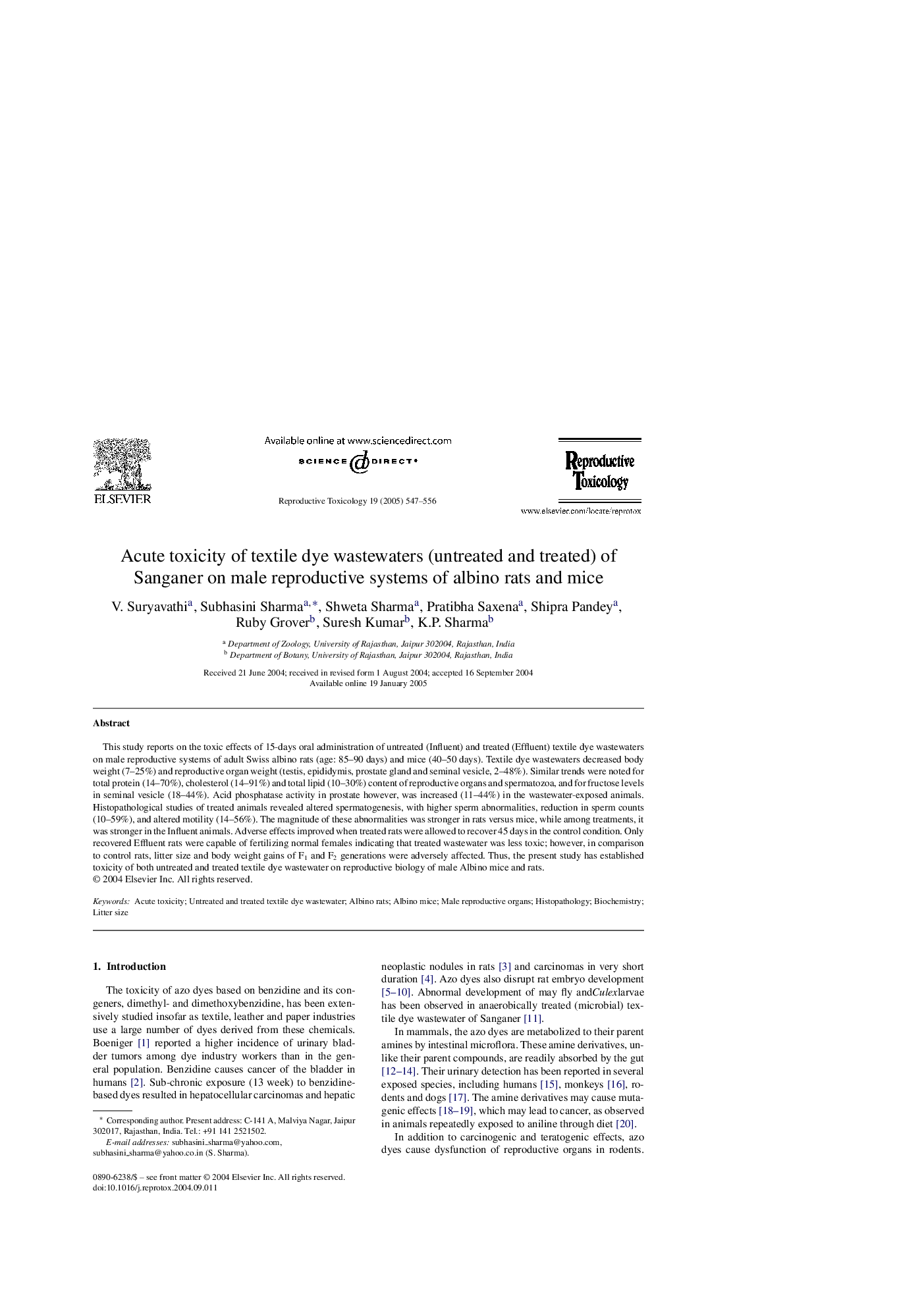 Acute toxicity of textile dye wastewaters (untreated and treated) of Sanganer on male reproductive systems of albino rats and mice