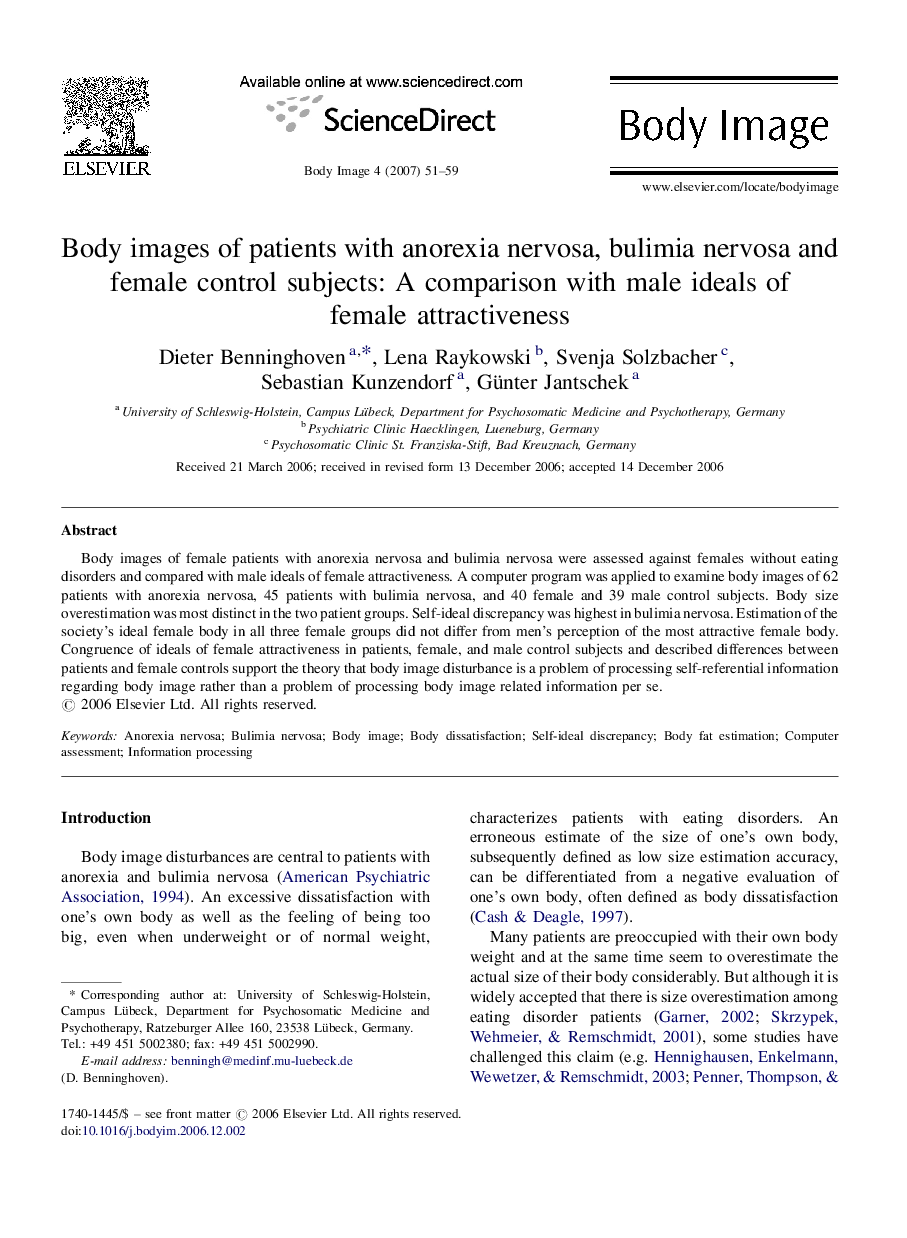 Body images of patients with anorexia nervosa, bulimia nervosa and female control subjects: A comparison with male ideals of female attractiveness