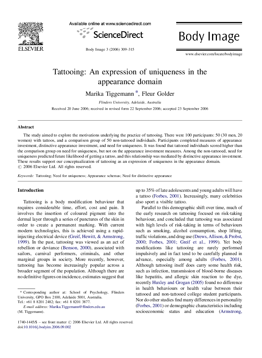 Tattooing: An expression of uniqueness in the appearance domain