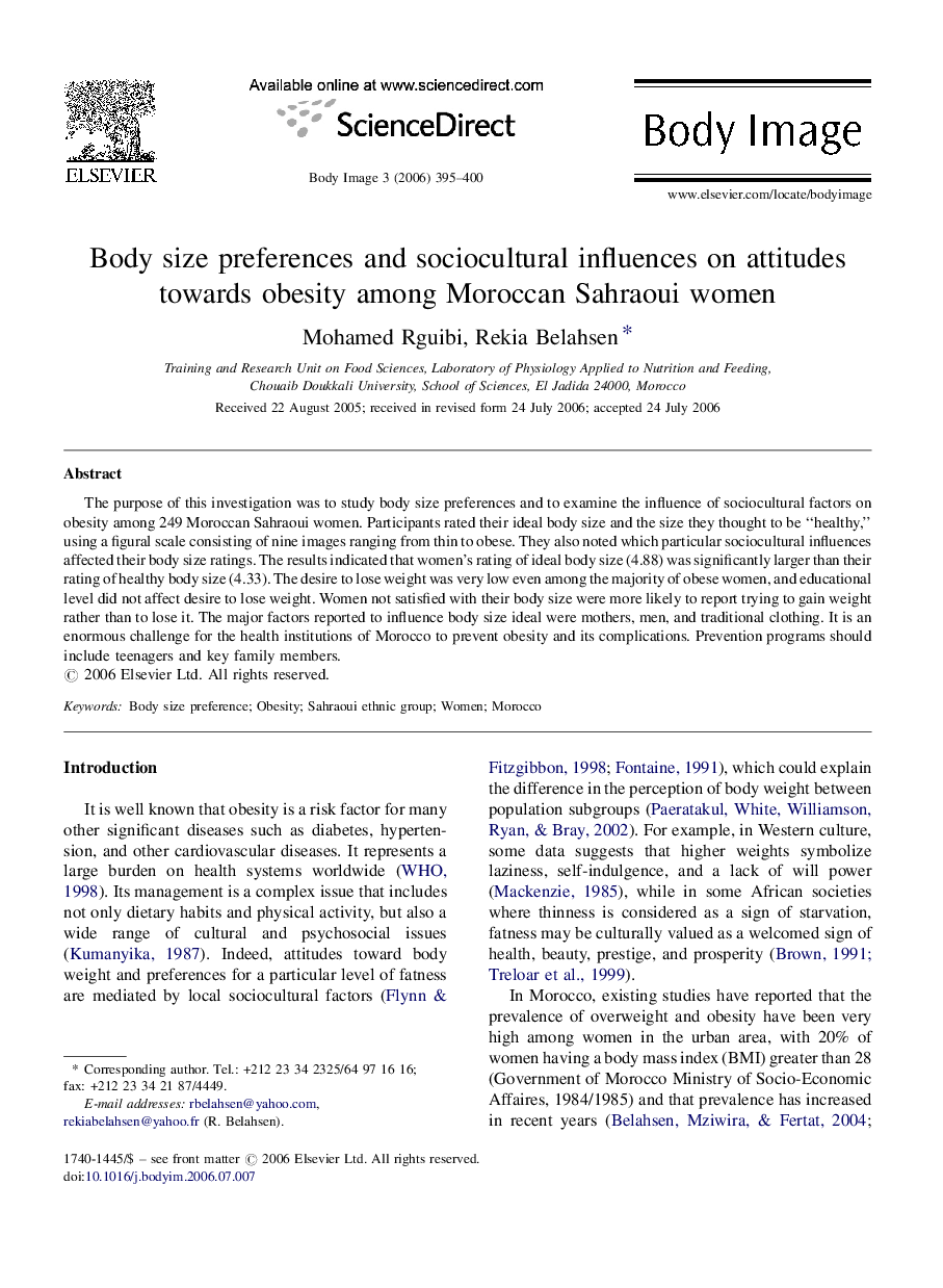 Body size preferences and sociocultural influences on attitudes towards obesity among Moroccan Sahraoui women