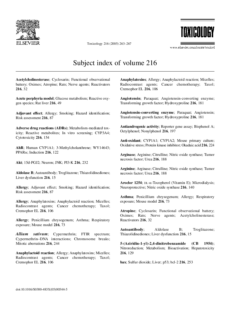 Subject index of volume 216