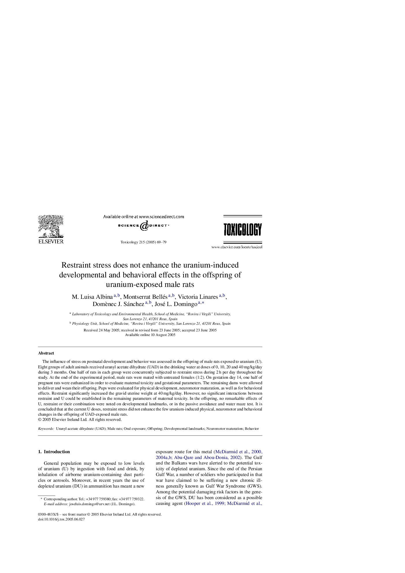 Restraint stress does not enhance the uranium-induced developmental and behavioral effects in the offspring of uranium-exposed male rats