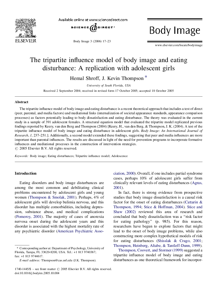 The tripartite influence model of body image and eating disturbance: A replication with adolescent girls