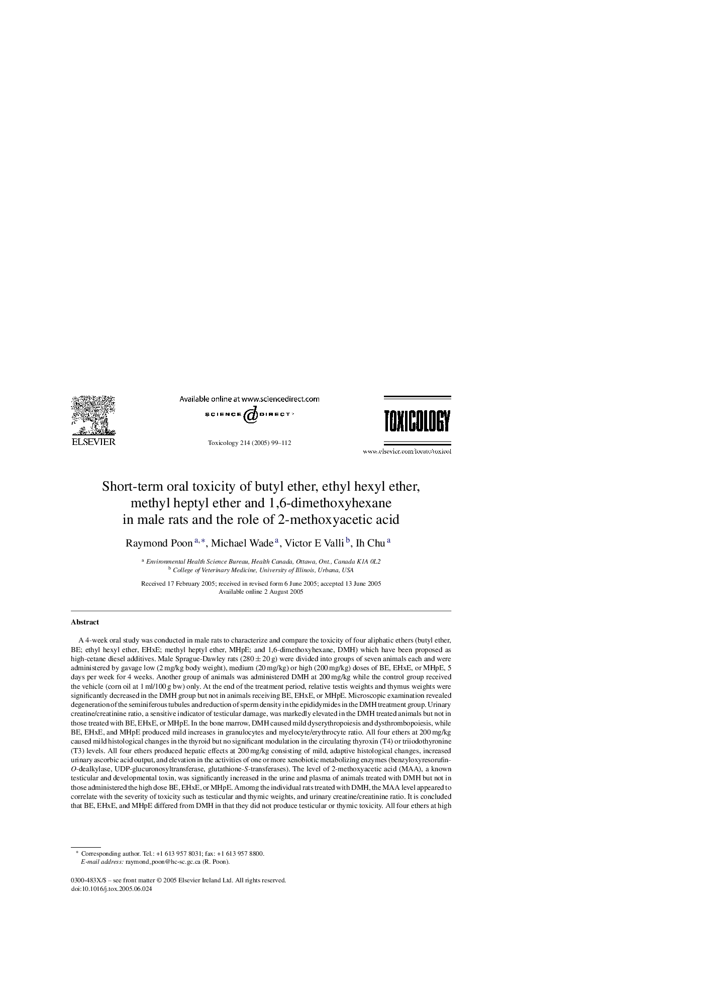 Short-term oral toxicity of butyl ether, ethyl hexyl ether, methyl heptyl ether and 1,6-dimethoxyhexane in male rats and the role of 2-methoxyacetic acid