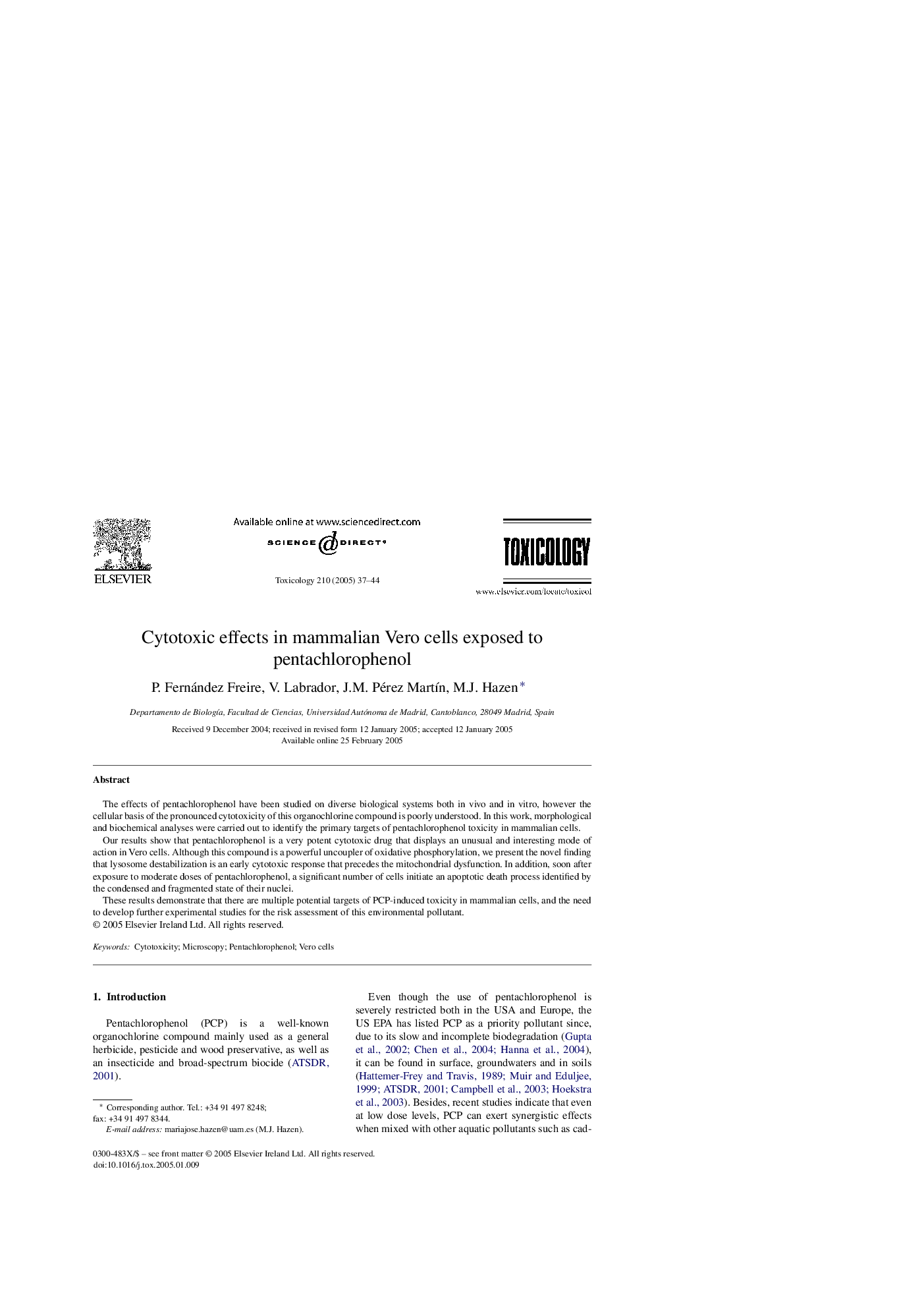 عکس صفحه اول مقاله: Cytotoxic effects in mammalian Vero cells exposed to pentachlorophenol Cytotoxic effects in mammalian Vero cells exposed to pentachlorophenol
