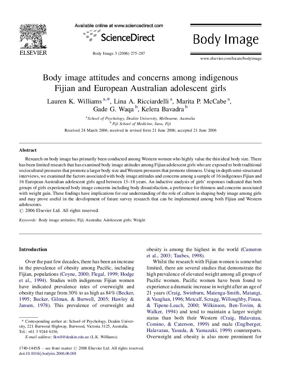 Body image attitudes and concerns among indigenous Fijian and European Australian adolescent girls