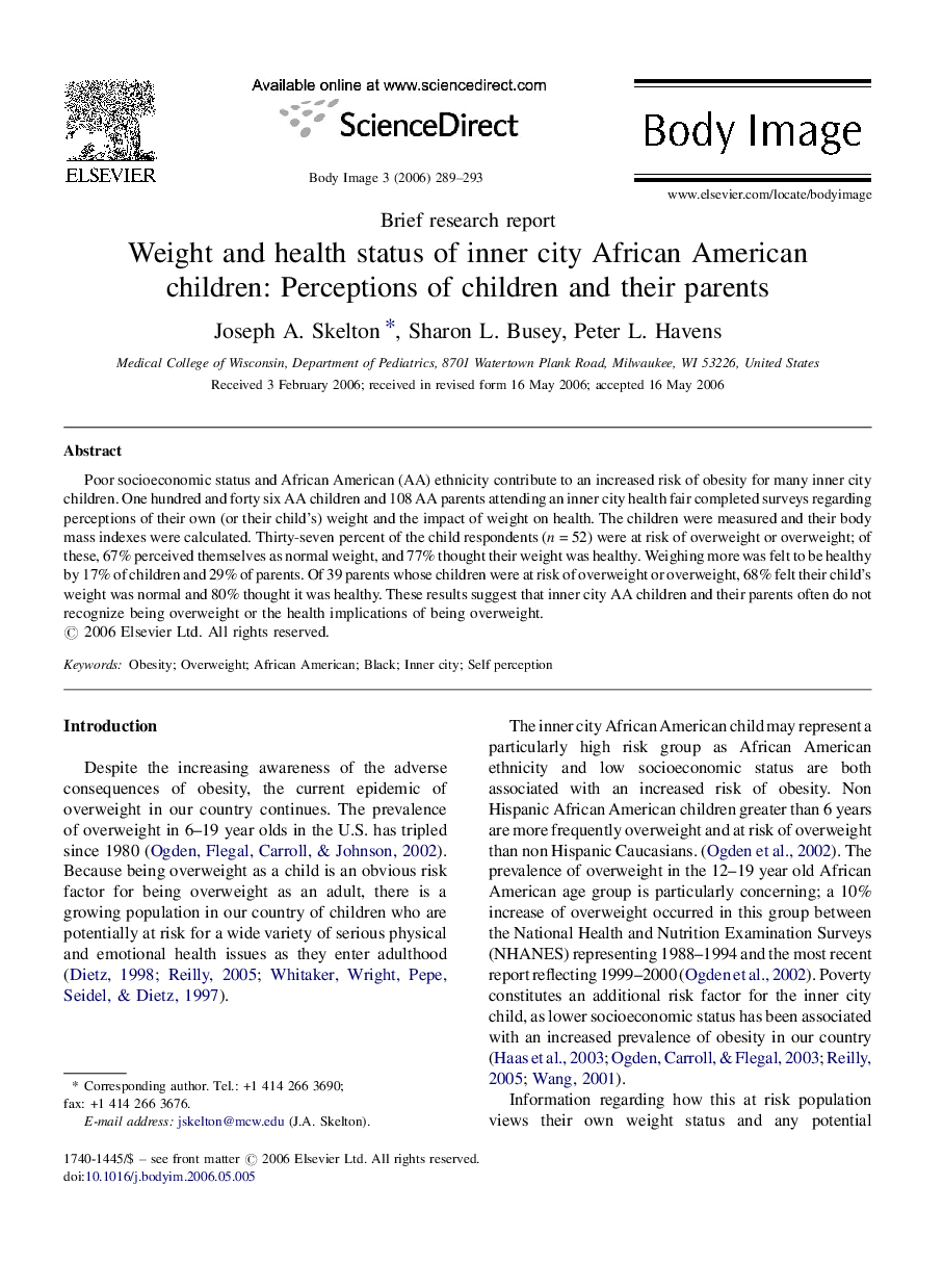 Weight and health status of inner city African American children: Perceptions of children and their parents