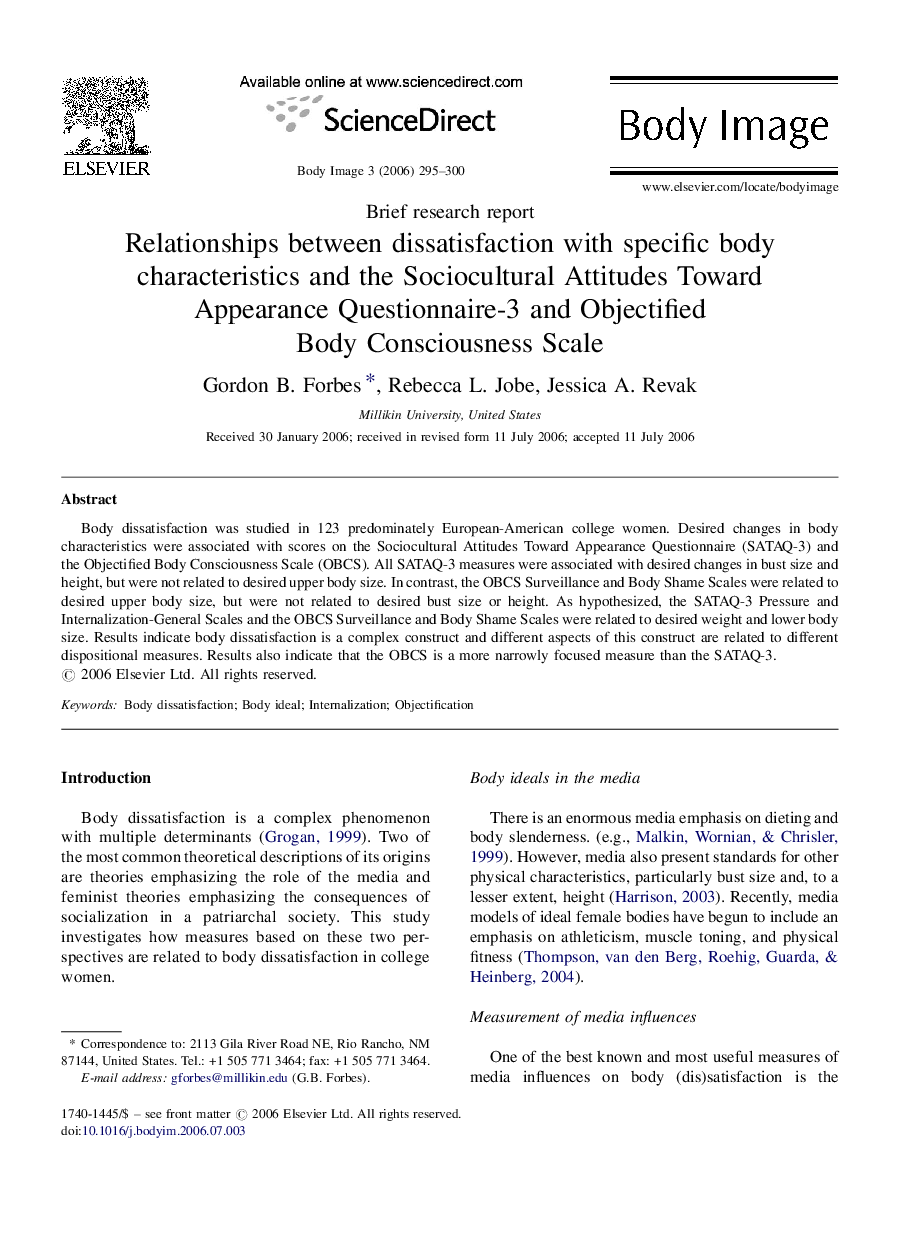 Relationships between dissatisfaction with specific body characteristics and the Sociocultural Attitudes Toward Appearance Questionnaire-3 and Objectified Body Consciousness Scale