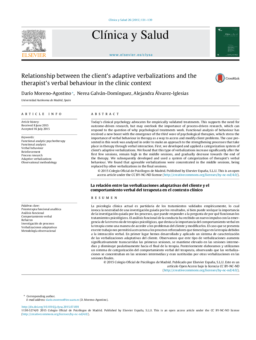 Relationship between the client's adaptive verbalizations and the therapist's verbal behaviour in the clinic context