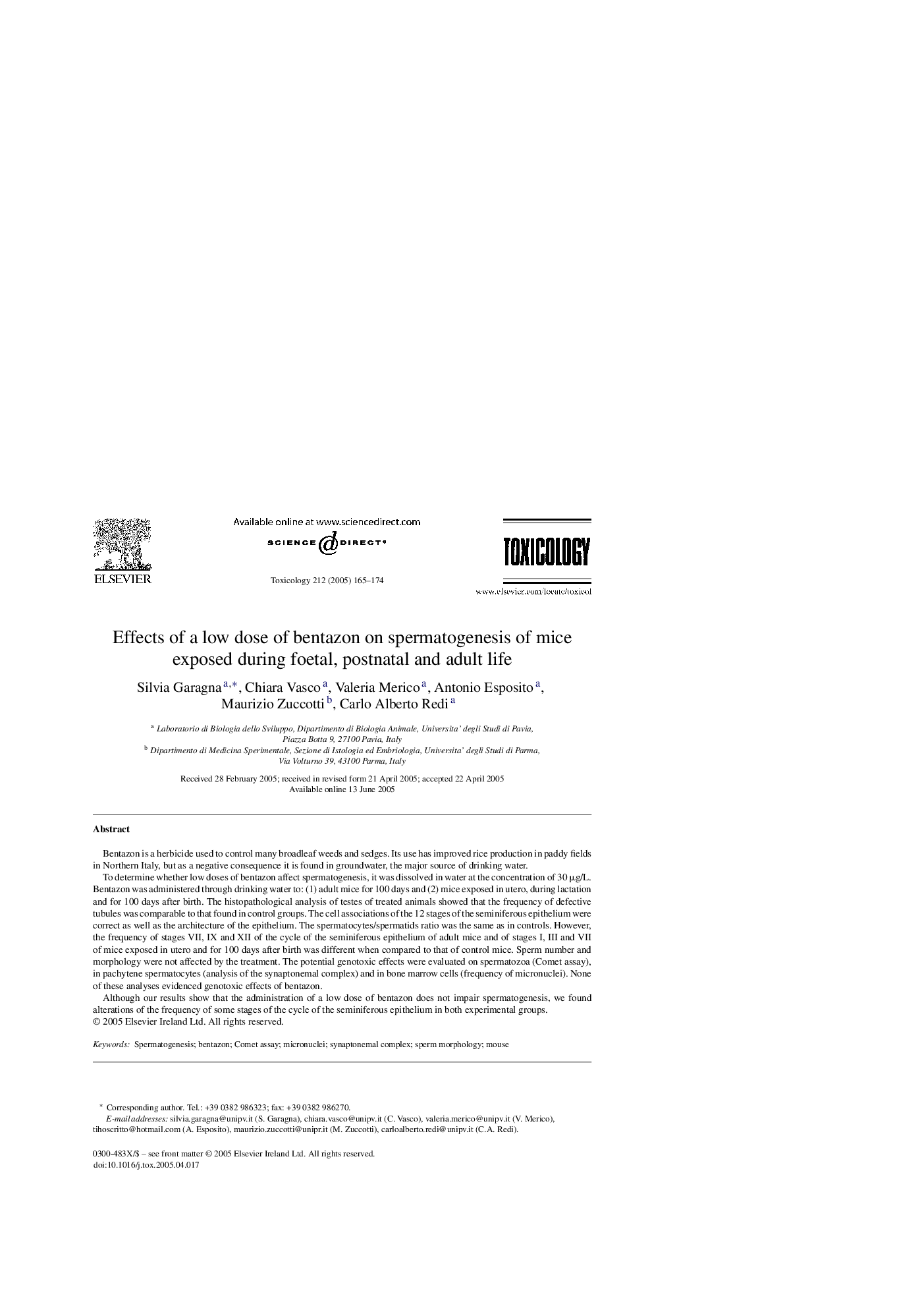 عکس صفحه اول مقاله: Effects of a low dose of bentazon on spermatogenesis of mice exposed during foetal, postnatal and adult life Effects of a low dose of bentazon on spermatogenesis of mice exposed during foetal, postnatal and adult life