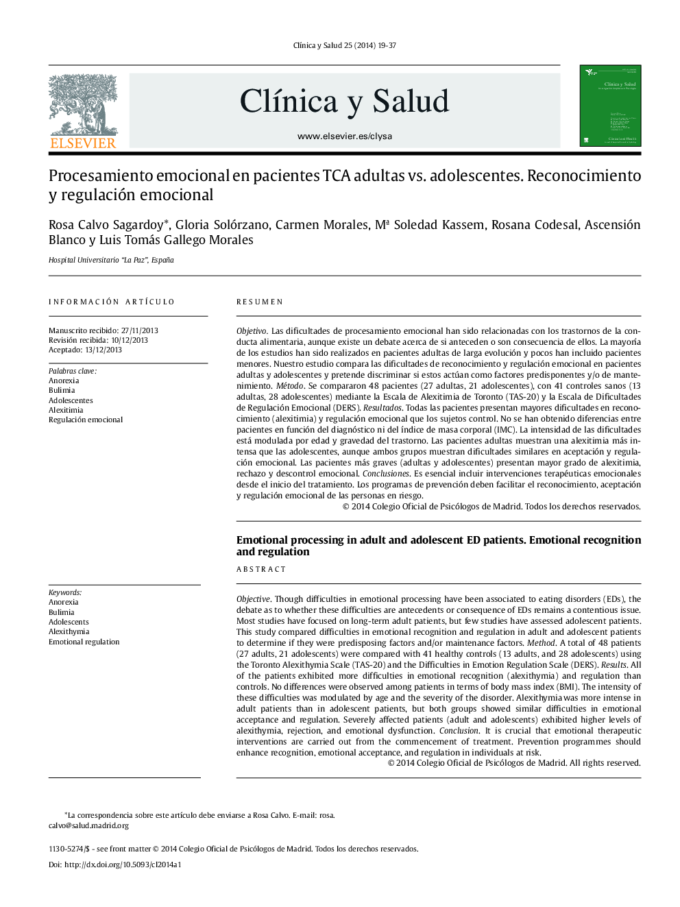 Procesamiento emocional en pacientes TCA adultas vs. adolescentes. Reconocimiento y regulación emocional