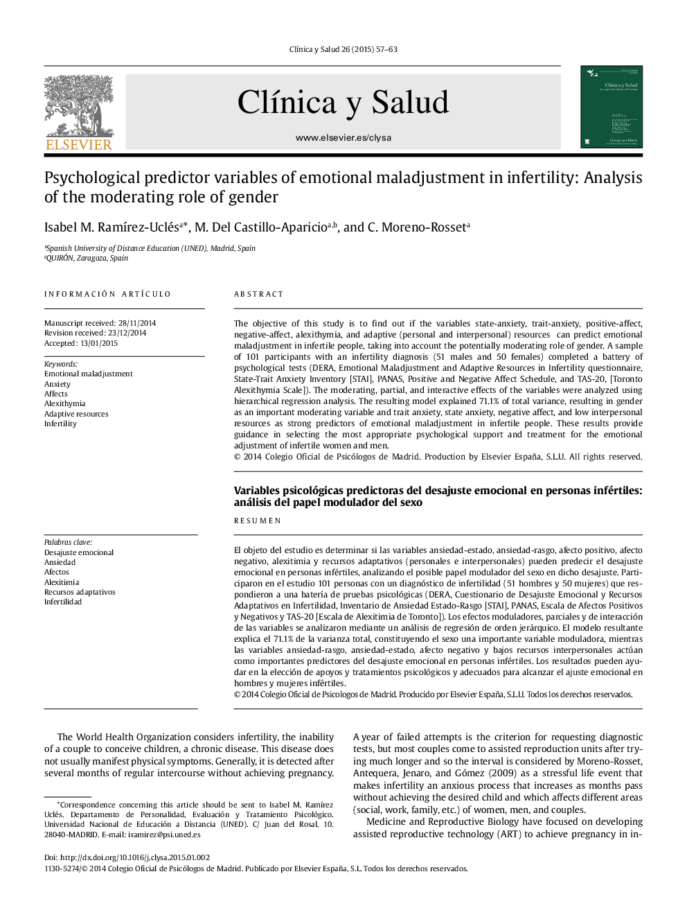 Psychological predictor variables of emotional maladjustment in infertility: Analysis of the moderating role of gender