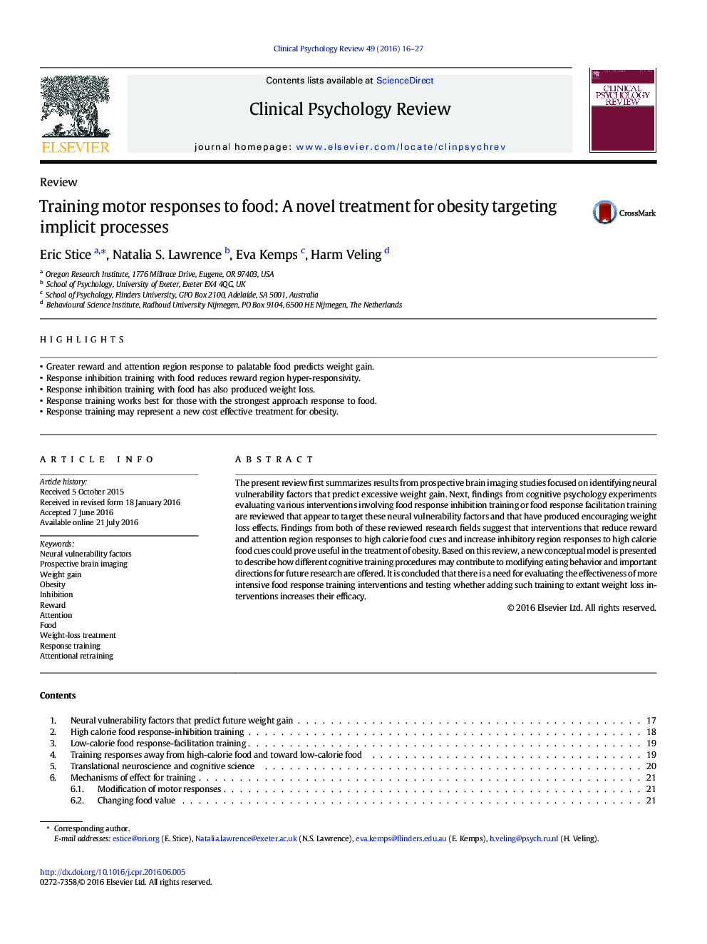 Training motor responses to food: A novel treatment for obesity targeting implicit processes