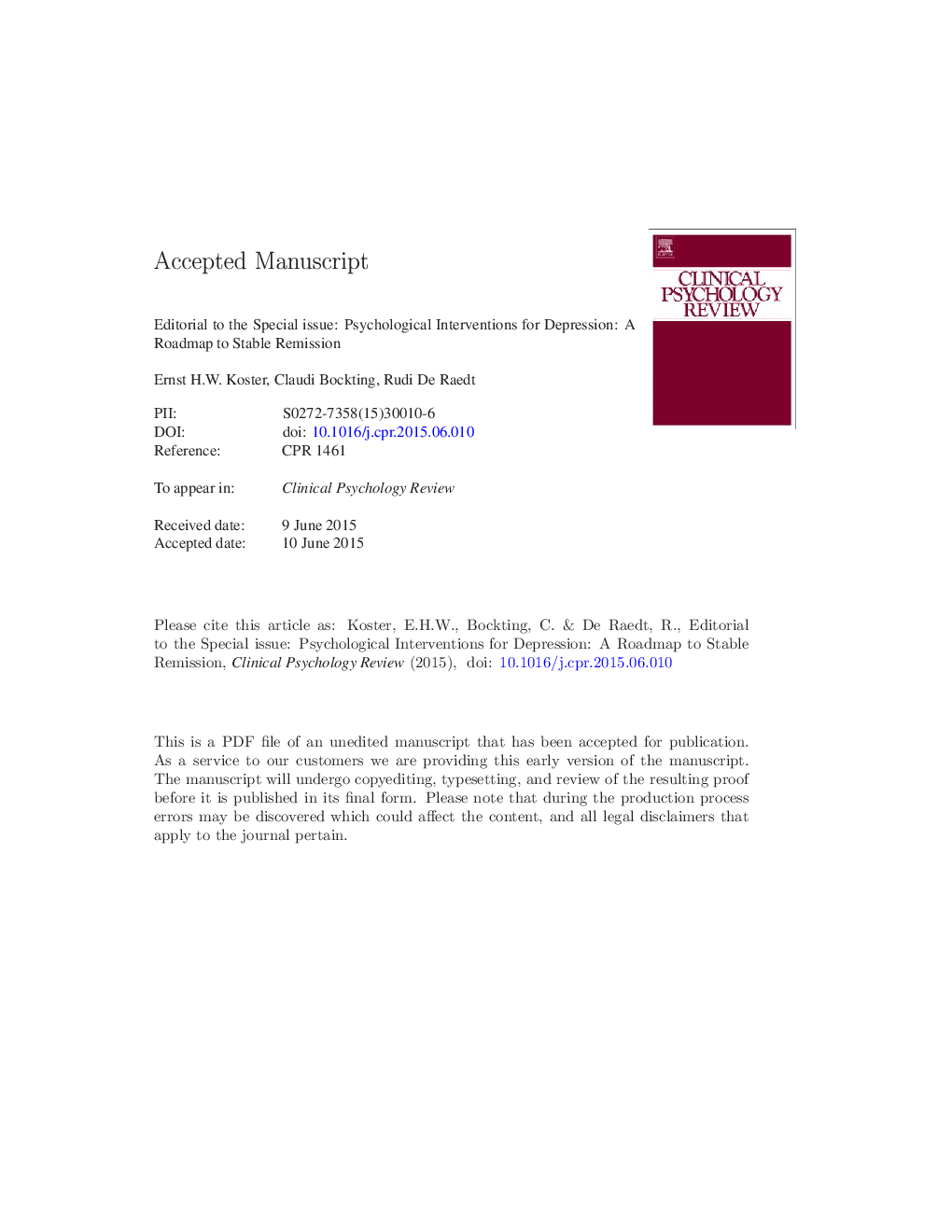 Editorial to the Special issue: Psychological interventions for depression: A roadmap to stable remission