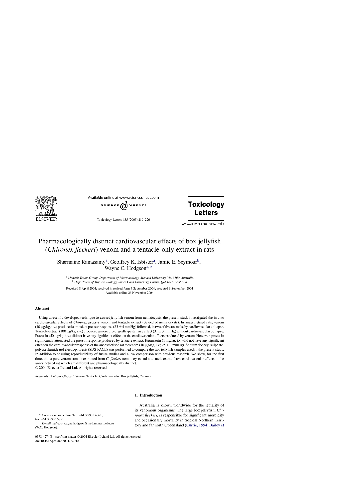 عکس صفحه اول مقاله: Pharmacologically distinct cardiovascular effects of box jellyfish (Chironexfleckeri) venom and a tentacle-only extract in rats Pharmacologically distinct cardiovascular effects of box jellyfish (Chironexfleckeri) venom and a tentacle-only extract in rats