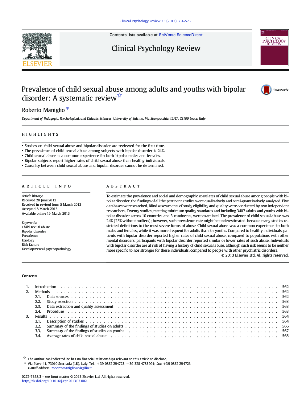 Prevalence of child sexual abuse among adults and youths with bipolar disorder: A systematic review 