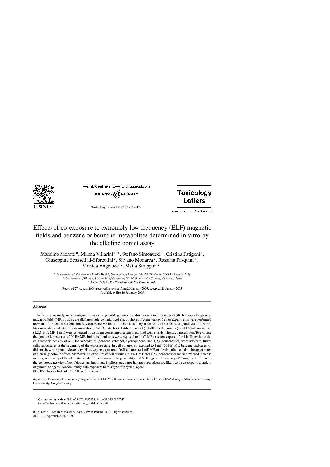 Effects of co-exposure to extremely low frequency (ELF) magnetic fields and benzene or benzene metabolites determined in vitro by the alkaline comet assay