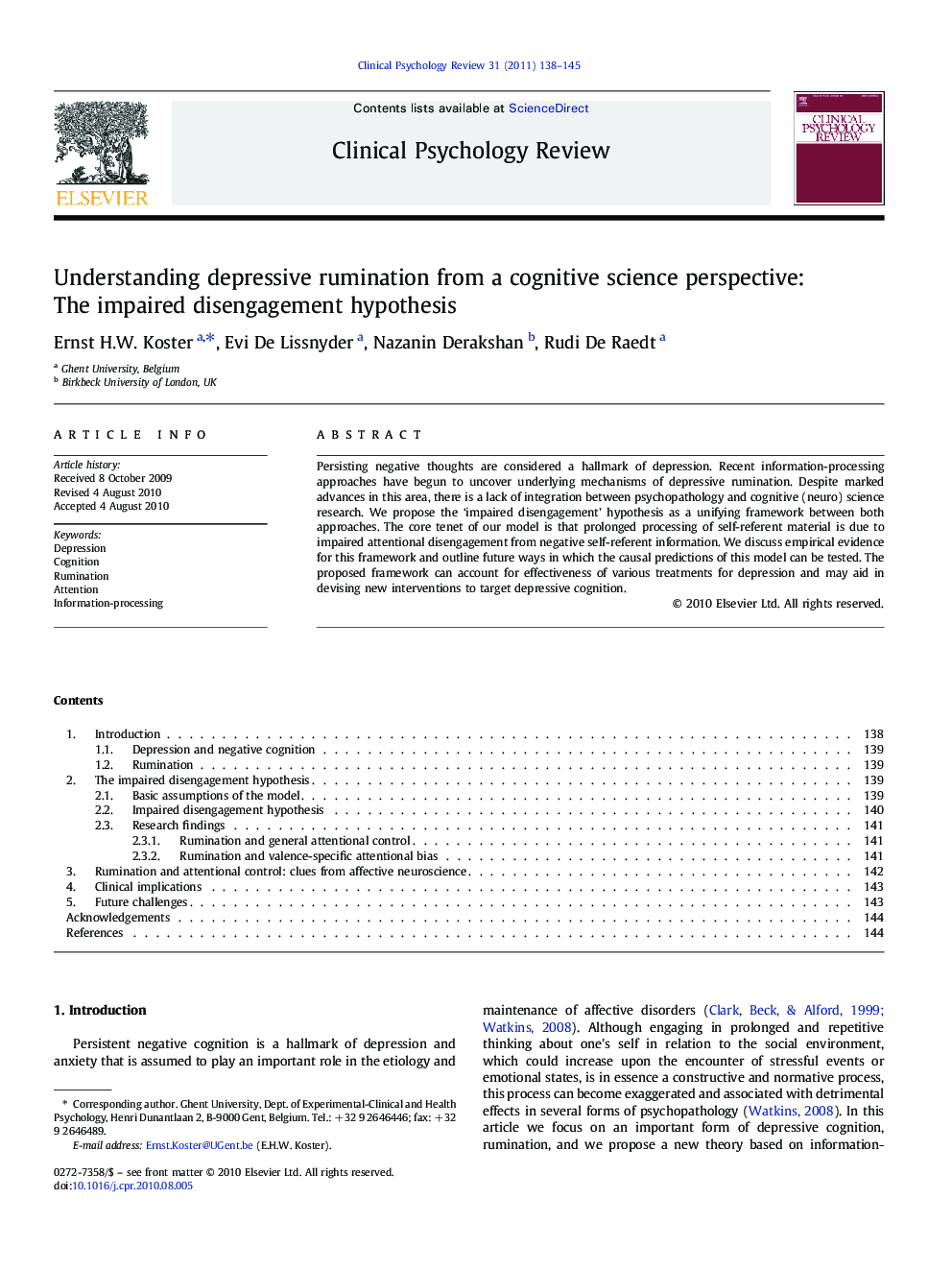 Understanding depressive rumination from a cognitive science perspective: The impaired disengagement hypothesis