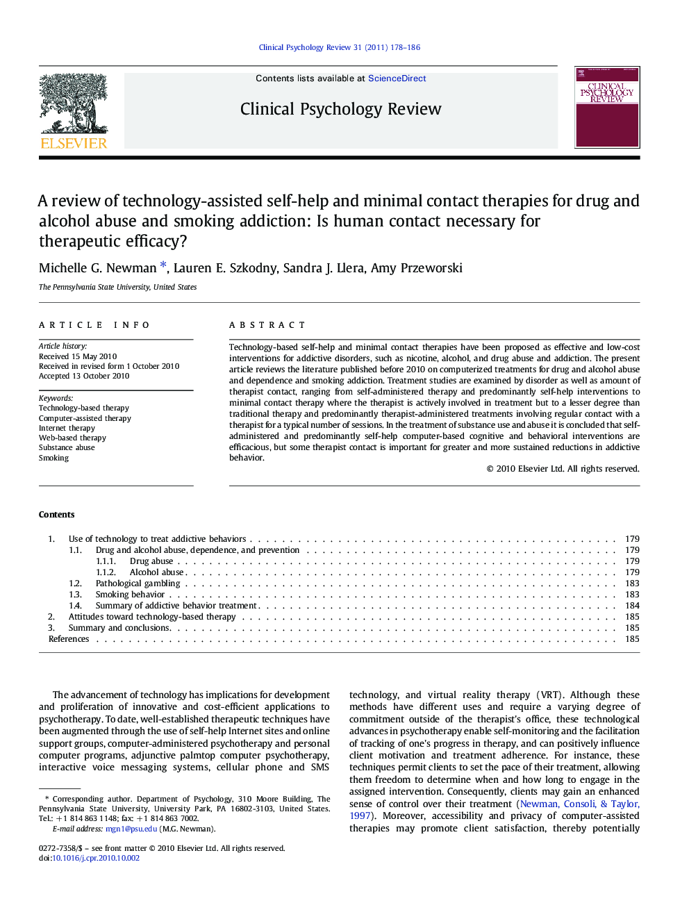 A review of technology-assisted self-help and minimal contact therapies for drug and alcohol abuse and smoking addiction: Is human contact necessary for therapeutic efficacy?