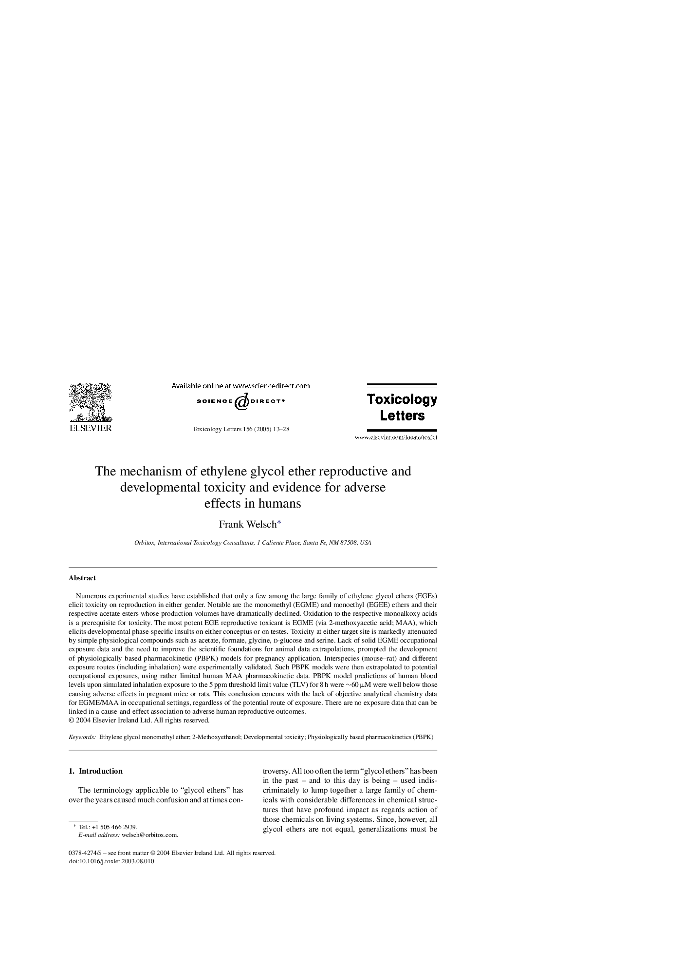 The mechanism of ethylene glycol ether reproductive and developmental toxicity and evidence for adverse effects in humans