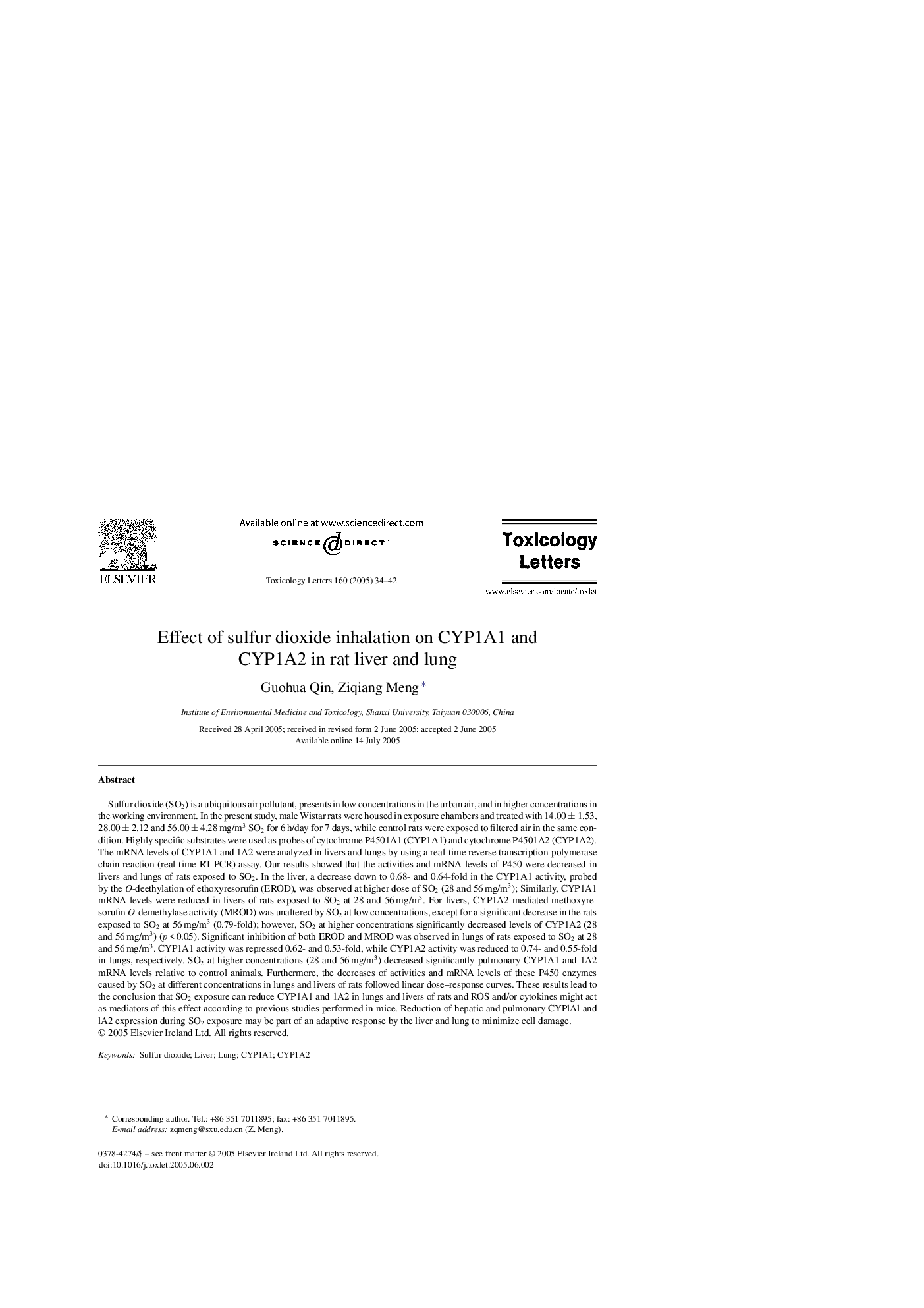 Effect of sulfur dioxide inhalation on CYP1A1 and CYP1A2 in rat liver and lung