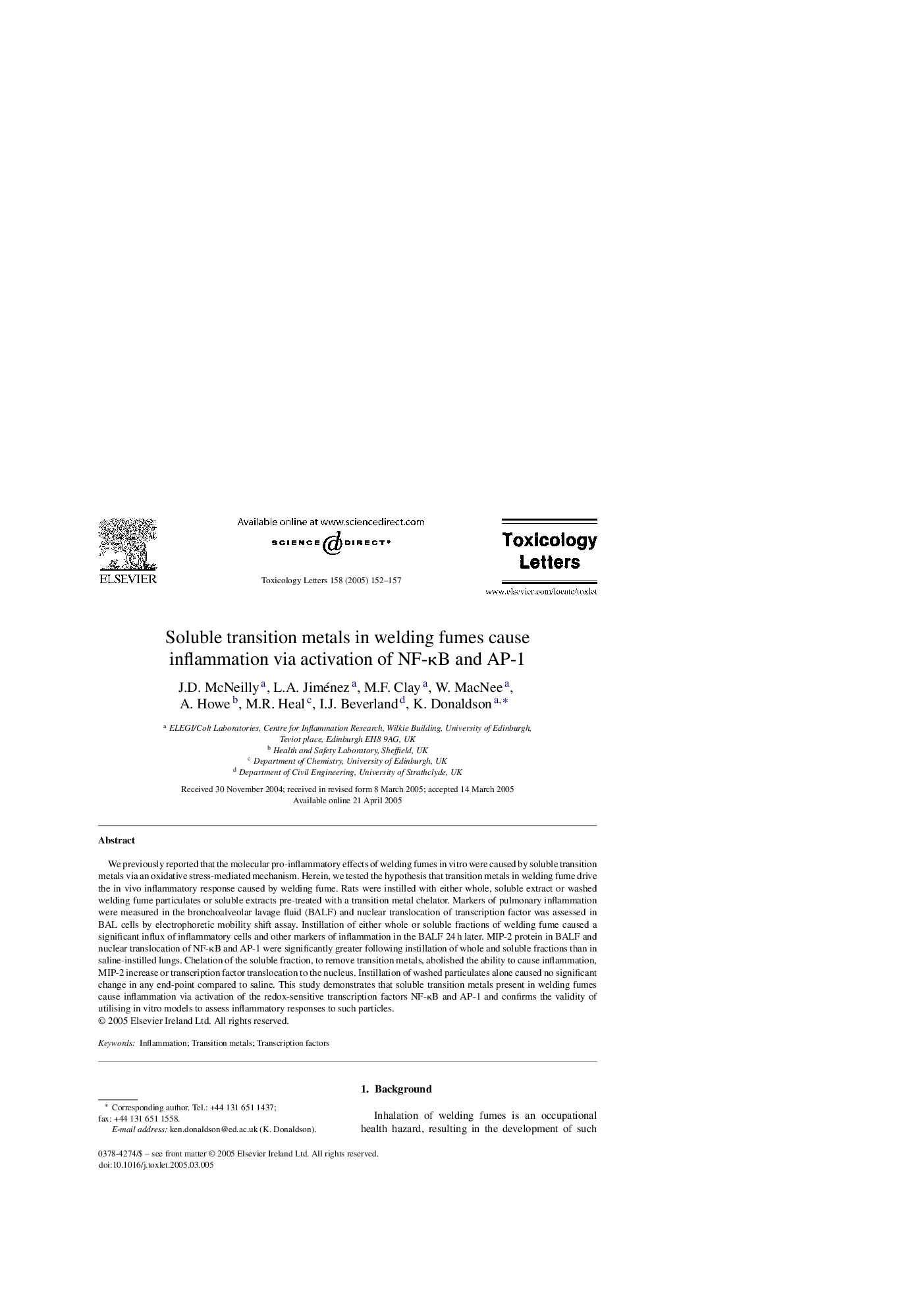 عکس صفحه اول مقاله: Soluble transition metals in welding fumes cause inflammation via activation of NF-κB and AP-1 Soluble transition metals in welding fumes cause inflammation via activation of NF-κB and AP-1