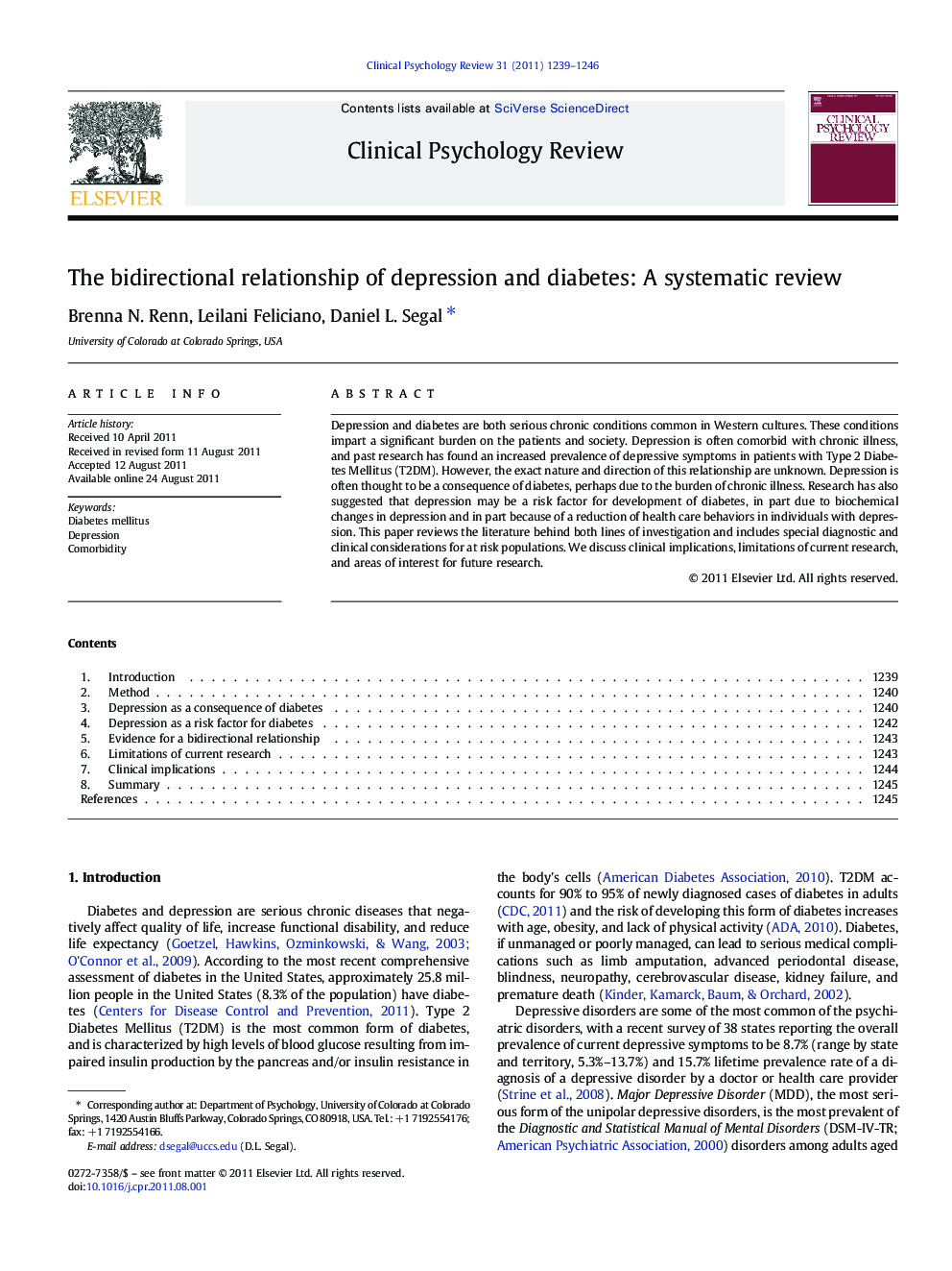 The bidirectional relationship of depression and diabetes: A systematic review